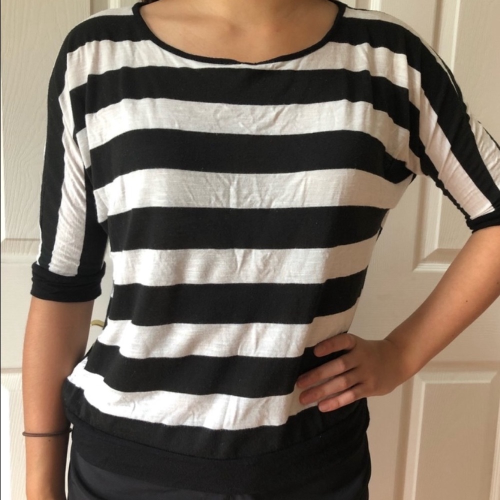 Monteau Black White Striped Soft Dolman Short Sleeve Top Tee Relaxed Y2K Small